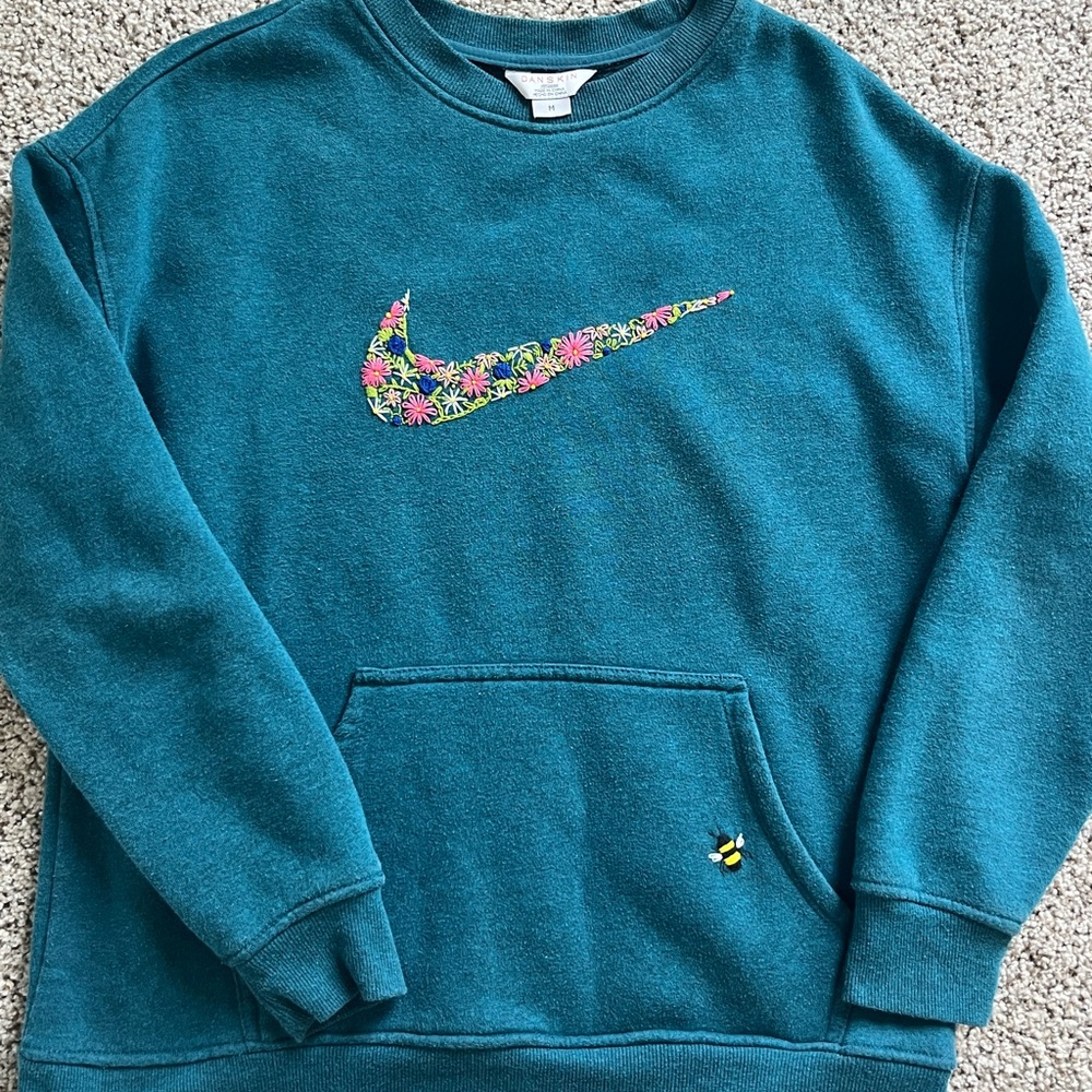 Handmade Embroidery Teal Crewneck Medium with Nike Floral Swoosh and Bee Accent